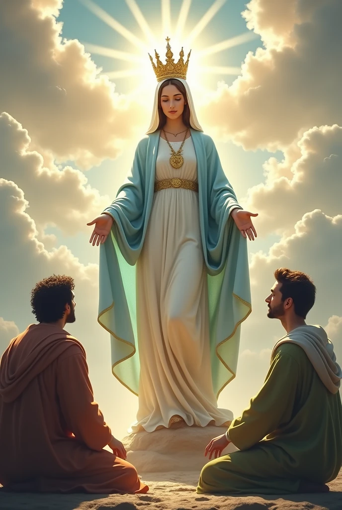 Realism, photographic style,  intrigante details. A powerful and evocative image of a woman representing the Virgin Mary, dressed in a white gown and a light blue veil. She wears a crown and exudes an aura of holiness and compassion as she looks down at the two kneeling men. The man on the right, wearing dark jeans and a red shirt, gazes at the hem of her dress, while the man on the left, donning dark jeans, a green long-sleeved shirt, and a yellow apron, looks at her face. The background depicts te heaven, with soft, warm lighting that enhances the sense of spirituality. The image draws upon the reference to Our Lady of Work, evoking themes of devotion and intercession.