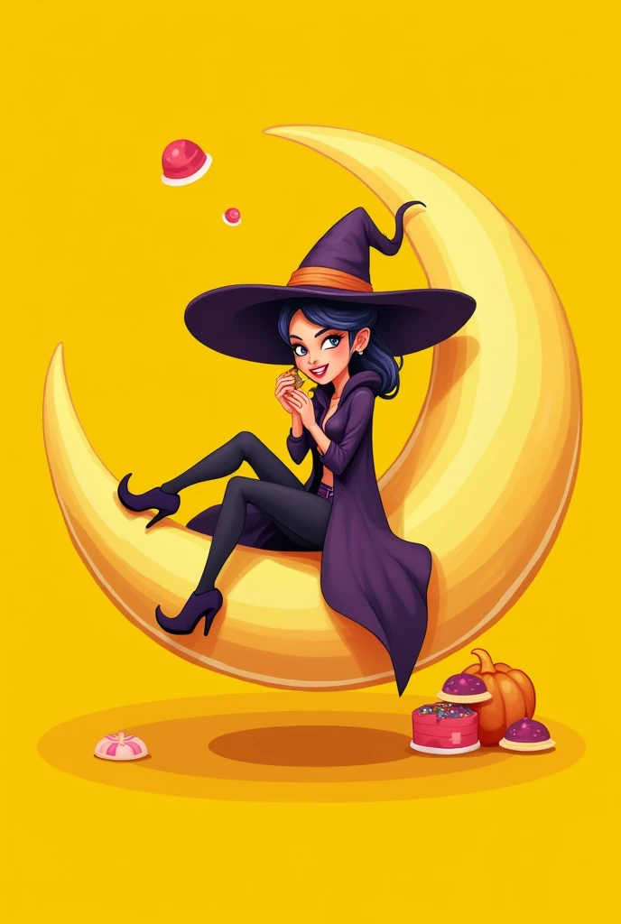 Badass witch sitting on the moon cartoon yellow background eating candy