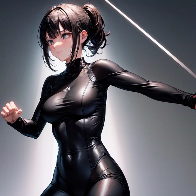 Wearing a black, tight-fitting, high-cut bodysuit､Woman doing karate