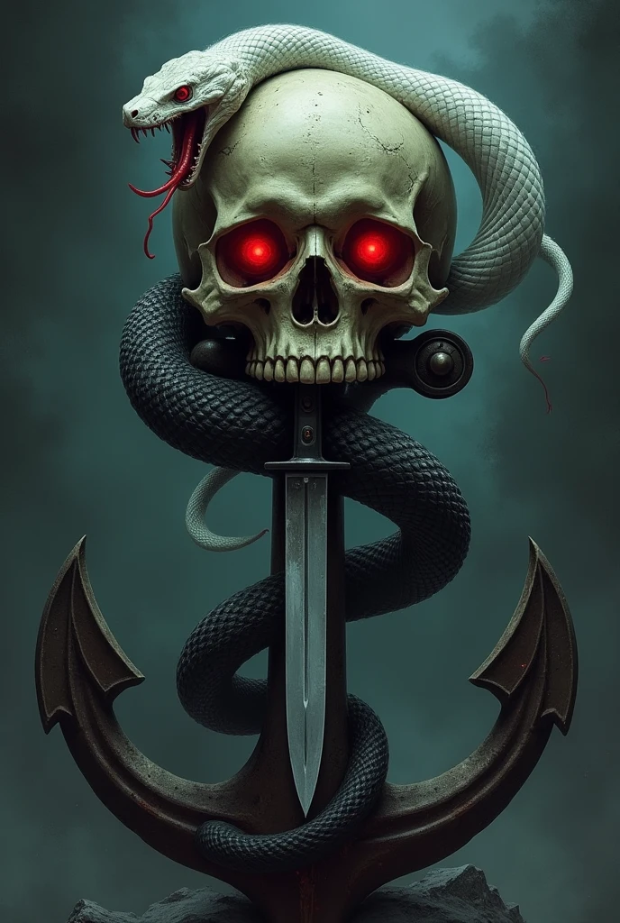a skull head, on top of a ship's anchor, where there are also two vipers, one all white and one all black and red. and a knife stuck in the middle of the skull. Everything very dark and scary. the snakes each come out of a hole in the skull's eye and both wrap around the anchor, going up and going under the skull and coming out through the eye holes, completing its turns in the sheath of the military knife. The black snake is lunging with its fangs towards the observer, while the white one is just looking, with the pupil frighteningly red.