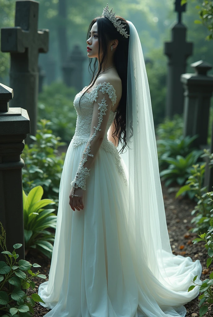 Imagine a pale-skinned, black-haired vampire in a white wedding dress with long, flowing vampire sleeves, crucifix accessories, a veil like the shroud of death, meticulously detailed, in a cemetery with many plants in excellent lighting.