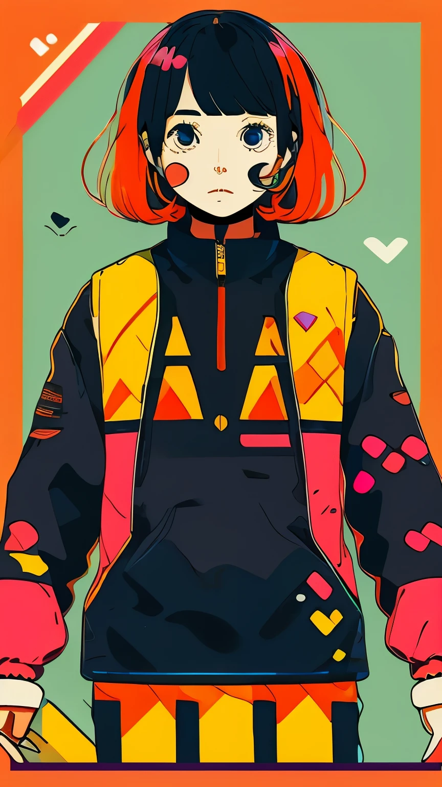 clean、Minimalist、Vector art、gradient cake scary hair、whiteいテックウェアの服、Tactical clothing(orange、white)、strong stroke around image、simple and abstract design paper cute background、Yellow background、or pastel colors 70s、