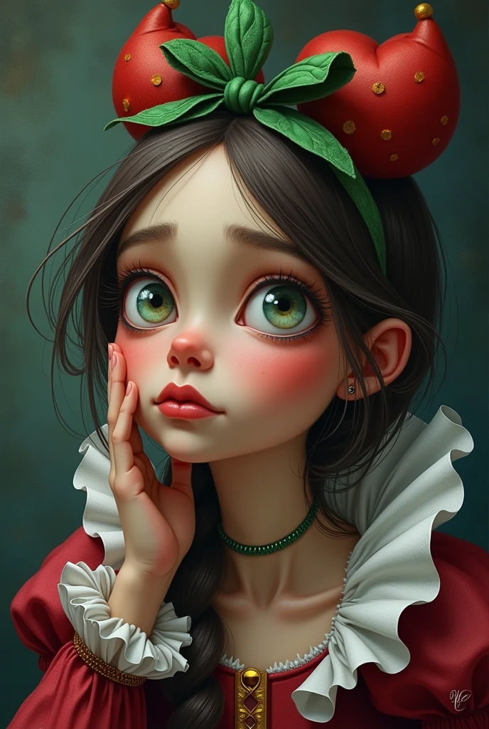 Draw a full-body portrait of the Queen of Hearts from Alice in Wonderland and capture a moment of deep contemplation. Her expression should be a mixture of curiosity and a hint of unease, as if she is deeply questioning reality and her place in it. Her large eyes should be wide open, reflecting the surreal world around her. Smiling Cheshire|cat, clock, Queen of Hearts, caterpillar, white rabbit, playing cards, within the kingdom of Wonderland, etc. Lighting should be soft yet dramatic, casting gentle shadows that emphasise the depth of her thoughts. Her hair is slightly dishevelled, as if she has been on a long journey, and the iconic green headband is slightly slanted, adding to her pensive feel. The colour palette is a mix of soft pastels and dark, introspective tones, creating a balance between innocence and the complexity of her thoughts.