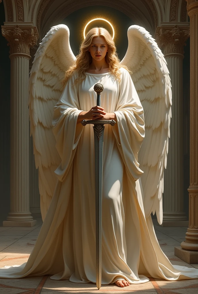 An angel holding a sword downwards with its wings spread open in the style of Renaissance art