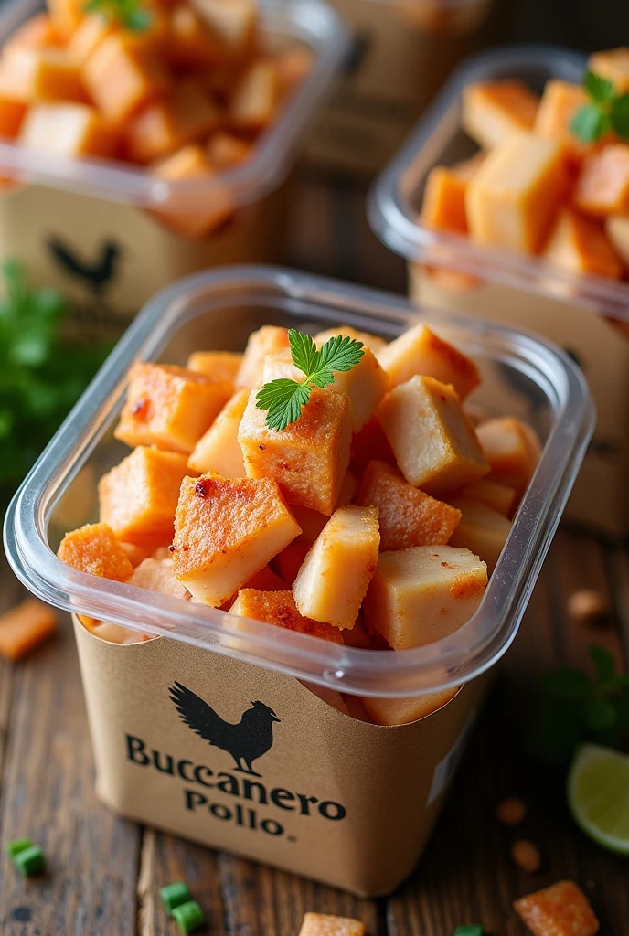 A diced chicken breast product in a biodegradable container, considering it's for sale and include the Bucanero Pollo company logo. 