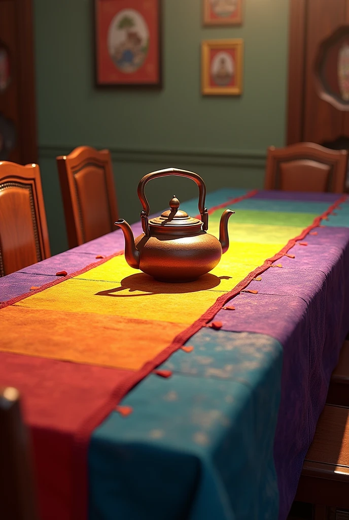 A long table with several tablecloths of different colors red yellow purple green and blue, on top a teapot , with several brown chairs