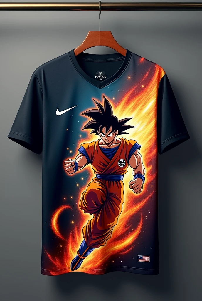 Printed football shirt featuring the Japanese anime character Goku releasing a Kamehameha, on the left side the nike symbol, very dark shirt background hanging on a hanger with galaxies detail