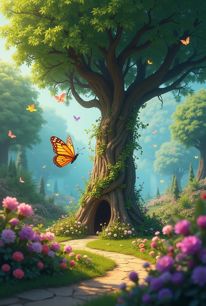 magical garden with a living tree, a butterfly and a firefly