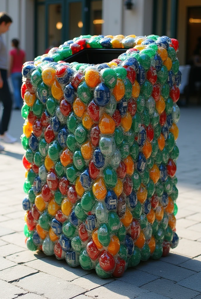 A trash can made of recycled material [plastic bottles] I want the trash can to be square 
