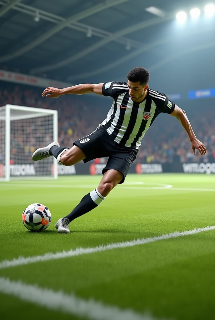 Create a 3D image of a football player wearing a black and white jersey kicking a corner cross and finishing with a volley.