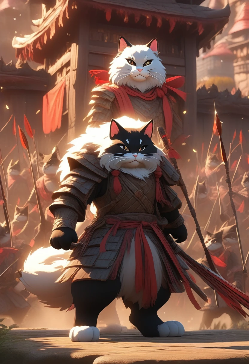 ((Masterpiece)), ((Best Quality)), (Very Detailed), ((Very Detailed)), 4K, (8K), very aesthetic, absurdres highres, 1 woman, (anthropomorphic cat, furry, kemono:1.5), A huge wooden bow stands in front of the castle wall, illuminated by warm red and brown light. Soldiers load arrows and the tension of the battlefield is palpable. The texture of the wood and the elaborate carvings are realistically depicted, and the bow is decorated with elaborate decorations and carvings. The soldiers' faces show determination, and other weapons and defensive equipment can be seen in the background. A scene with historical weight.