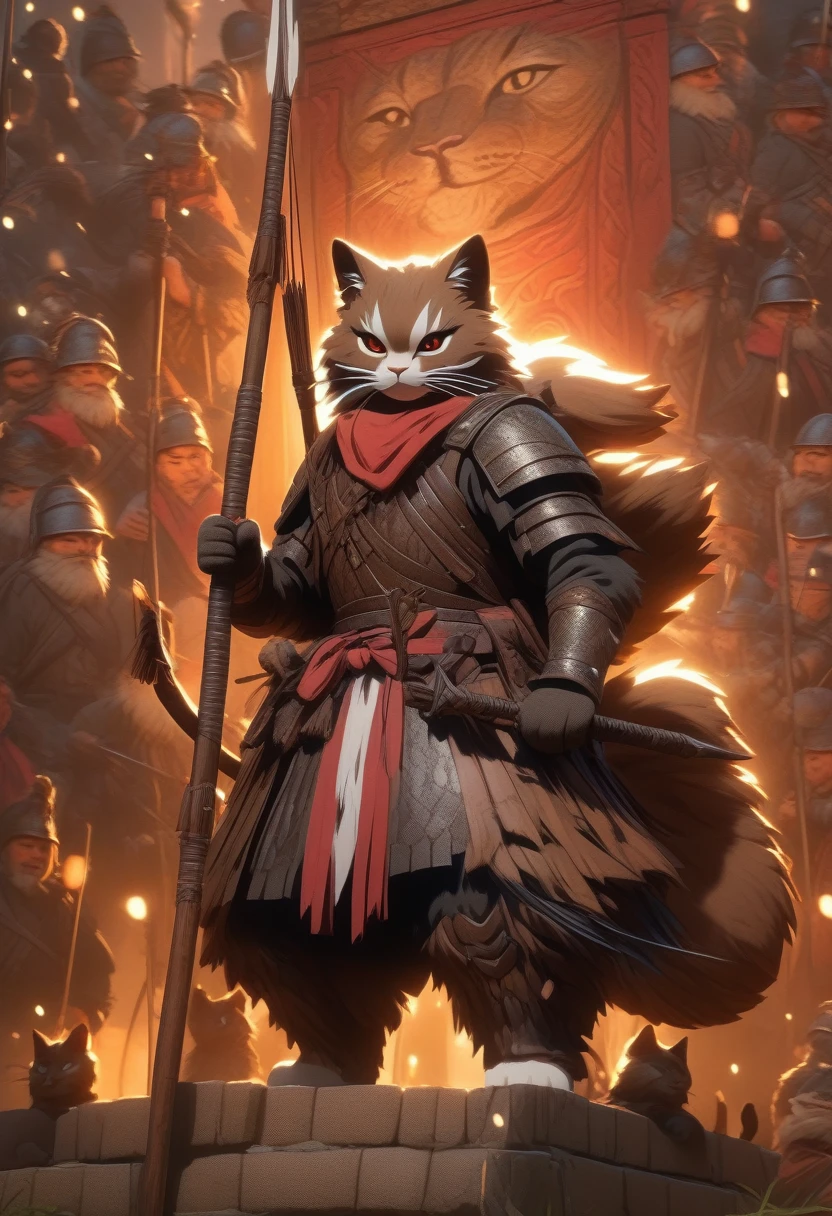 ((Masterpiece)), ((Best Quality)), (Very Detailed), ((Very Detailed)), 4K, (8K), very aesthetic, absurdres highres, 1 woman, (anthropomorphic cat, furry, kemono:1.5), A huge wooden bow stands in front of the castle wall, illuminated by warm red and brown light. Soldiers load arrows and the tension of the battlefield is palpable. The texture of the wood and the elaborate carvings are realistically depicted, and the bow is decorated with elaborate decorations and carvings. The soldiers' faces show determination, and other weapons and defensive equipment can be seen in the background. A scene with historical weight.