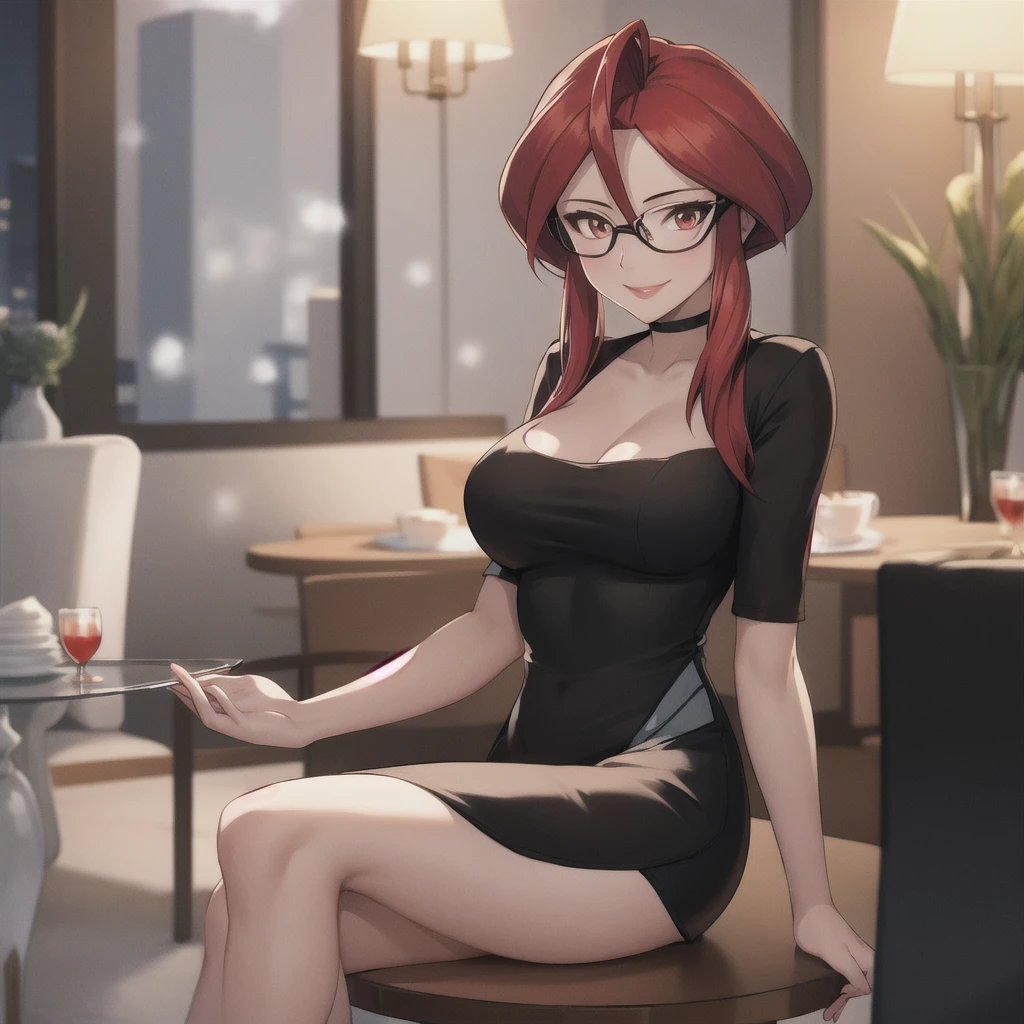 masterpiece, best quality,  animeLorelei, red hair, red eyes, hair between eyes, glasses, elegant black dress, looking at viewer, smile, winter, table, Luxury apartment, black dress, sexy, nigth