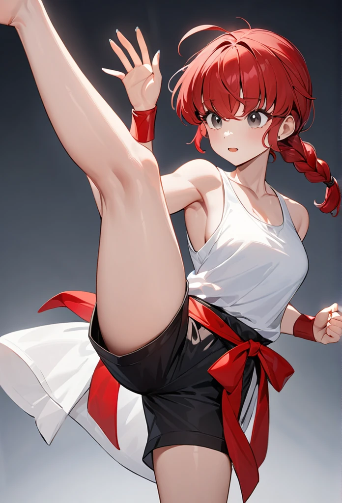 (masterpiece, Highest quality, so beautiful, 4K、figure), whole body,Intricate details, 1 Female,alone,Contrasting 、Strong glowing 目、,(Cowboy Shot)、XL leg split,(Martial artist),Beautiful Face、(Red hair,A very short three-strand braid ponytail,black eye、White simple oversized tank top tunic、Black shorts.Warrior、Medium chest、slim 、Ranma 1/2,whole body