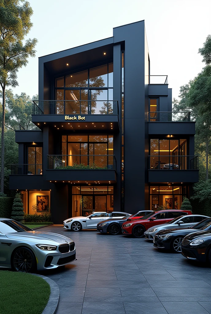 Mansion with luxury cars in the garage and a facade that reads Black bot