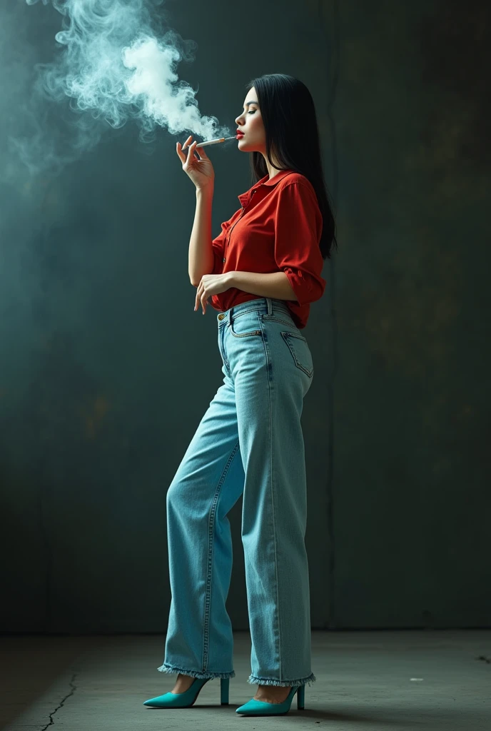 Woman 30 years old, Arabian face with straight hair, with turquoise high heels, light blue large jeans, strongly exhaling the smoke of her cigarette    Red lipstick 