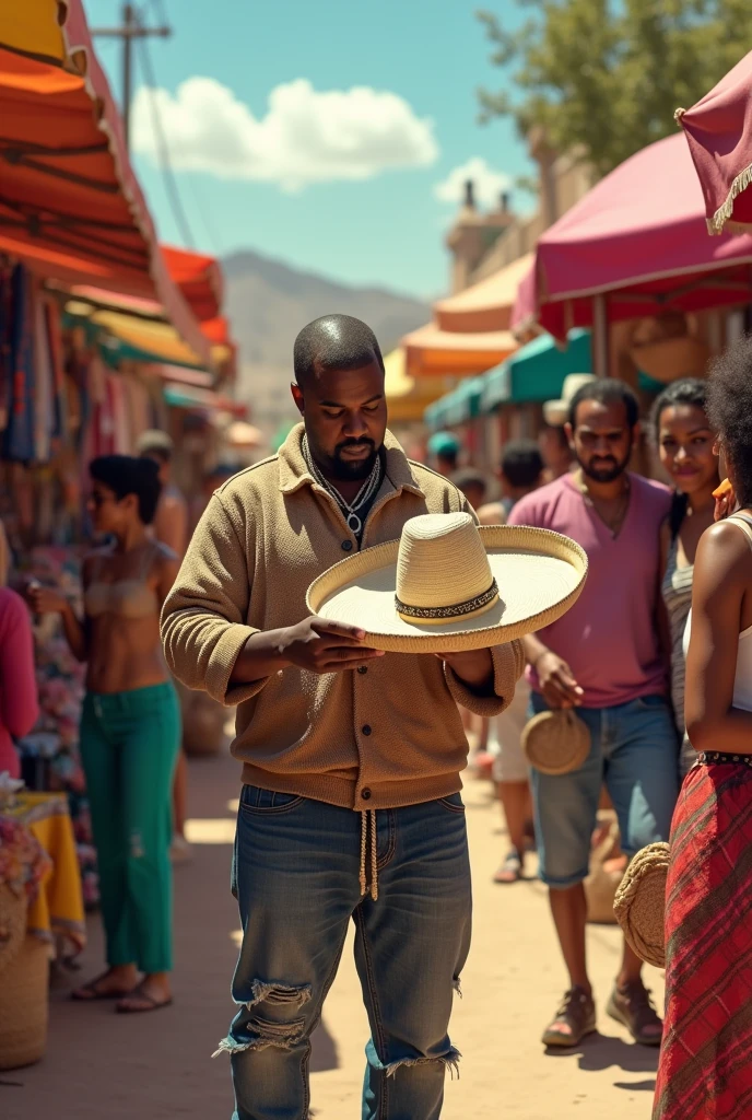 Create a funny image of Kanye West looking for clothes in a Mexican flea market