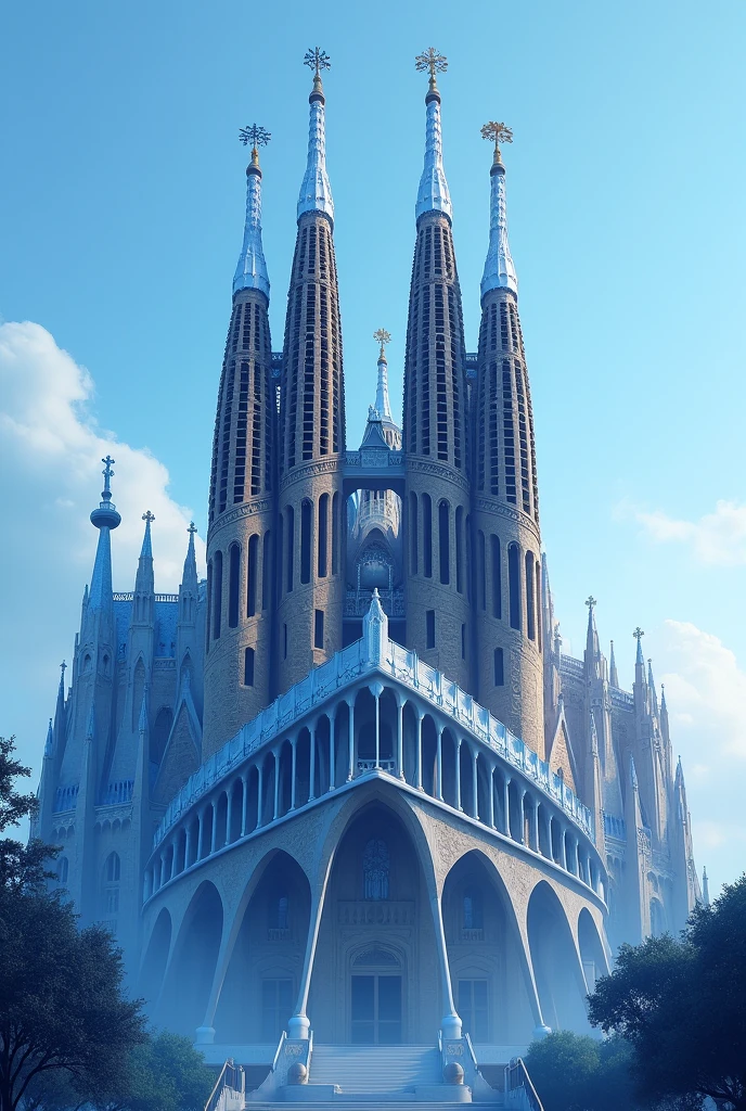 Create an image of the Sagrada Familia Church, highlighting its imposing architectural features. Use a palette of blue tones to portray the scene. The building should be presented with its tall towers and Gothic details, with an emphasis on the stained glass windows and intricate facades, Softened by variations of blue, from light blue to navy blue. Add a light blue sky to the background, with a few scattered clouds in softer shades of blue. The lighting should highlight the textures of the church and create an elegant contrast with the blue setting.