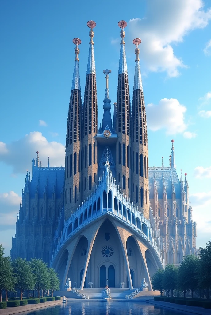 Create an image of the Sagrada Familia Church, highlighting its imposing architectural features. Use a palette of blue tones to portray the scene. The building should be presented with its tall towers and Gothic details, with an emphasis on the stained glass windows and intricate facades, Softened by variations of blue, from light blue to navy blue. Add a light blue sky to the background, with a few scattered clouds in softer shades of blue. The lighting should highlight the textures of the church and create an elegant contrast with the blue setting.