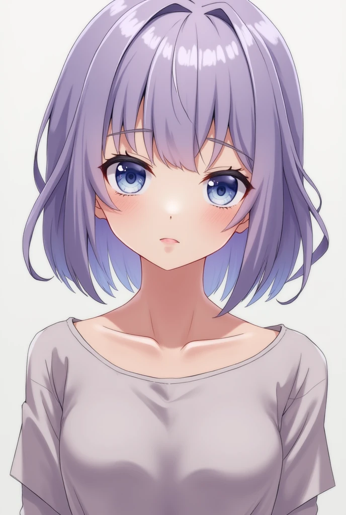 Anime girl with light purple, short hair, blue-white eyes and serious expression, Comfortable clothes