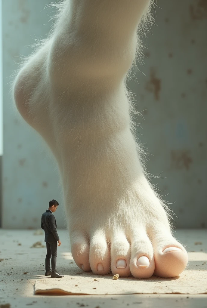 An extremely small adult man, 5 cm tall, smelling the sole of the foot of a giant white man with beautiful hairy feet.