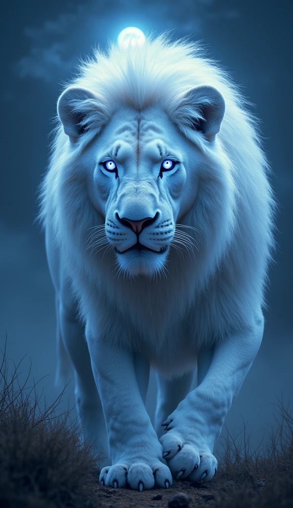 Create an Albino Lion,  Realistic 8k strong and beautiful with blue eyes at night under the moonlight, focusing on the lion's face 