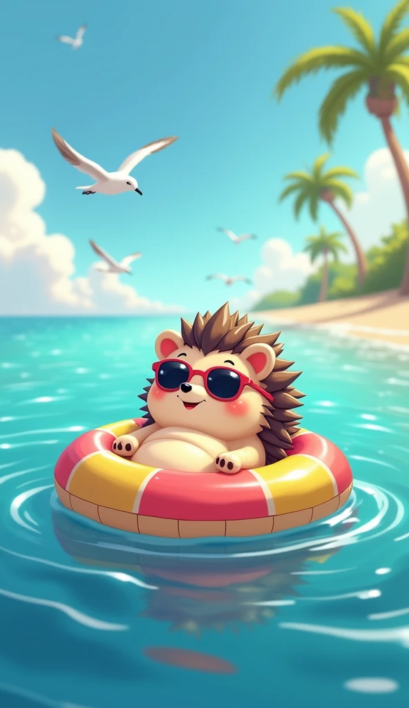 A cute and slightly chubby hedgehog character, wearing stylish sunglasses, is floating leisurely on a colorful inflatable ring in the ocean. The hedgehog's round belly peeks out as it comfortably lounges on the float, paws resting on the sides of the ring. With a relaxed and content expression, the hedgehog gently bobs along the calm, sparkling blue water, enjoying the warmth of the sun and the soothing rhythm of the waves. Seagulls fly overhead, and the distant shore, lined with palm trees and soft sand, adds to the peaceful beach vibe. This heartwarming scene captures the hedgehog’s playful and carefree nature, highlighting its love for relaxation and the simple joys of floating in the ocean on a sunny day.