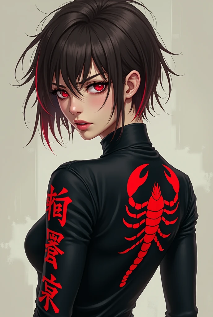 Slim girl with a well-worked body of white skin, messy short dark brown hair with red streaks, red eyes, Irritated facial expression. Japanese gang uniform in black with the emblem of a red scorpion on the back, and on the sleeves it says レッドサソリ