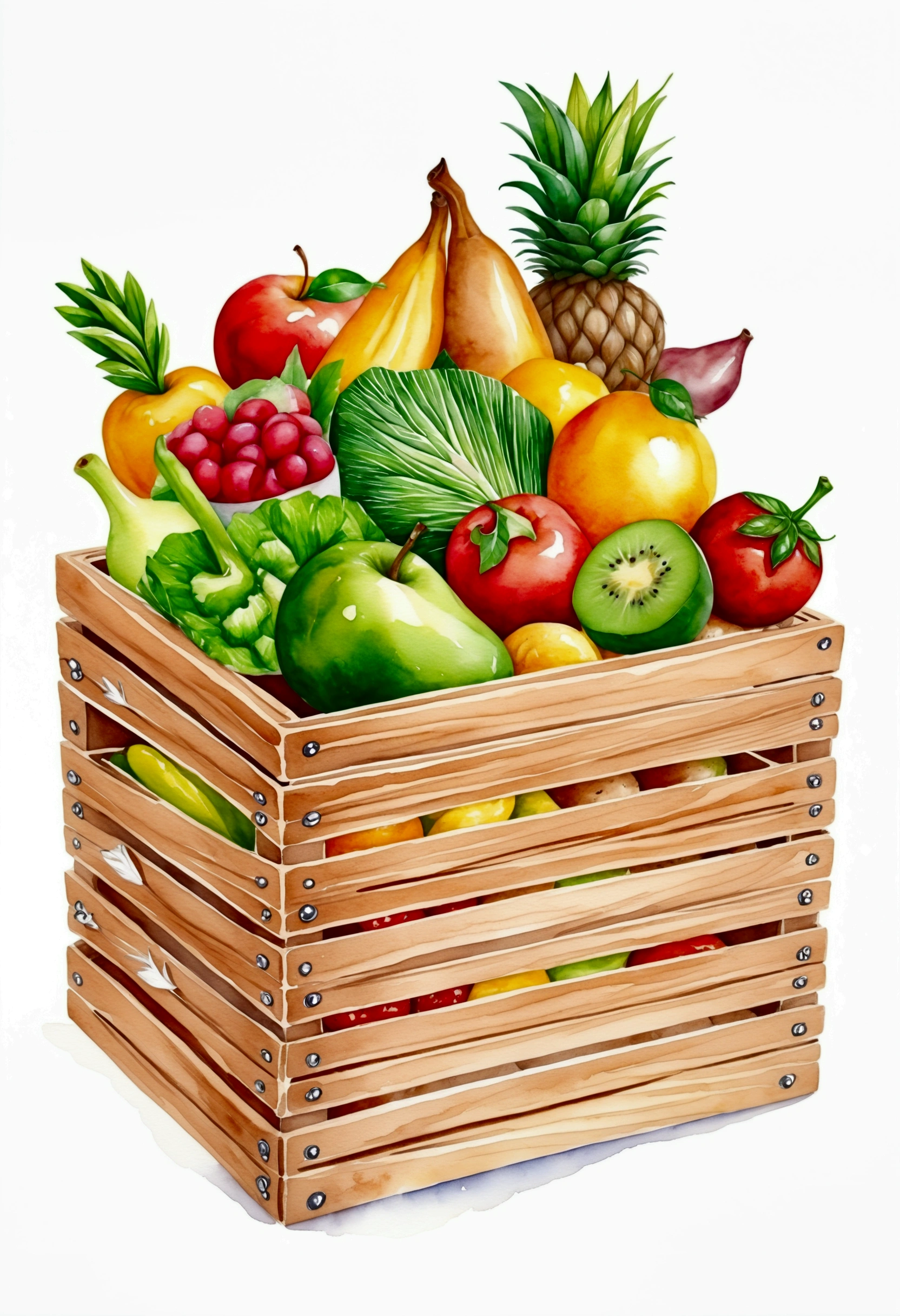 a wooden box with a lot of healthy food, illustration, isolated with solid white background, surrounded with negative space, centered composition, 8k, highest detailed painting, very precise painting, Isolated, clear solid white background, perspective angle of view, cartoon style, ((watercolor:1)), clip art, (lora:add-detail-xl:1), (masterpiece), (best quality),