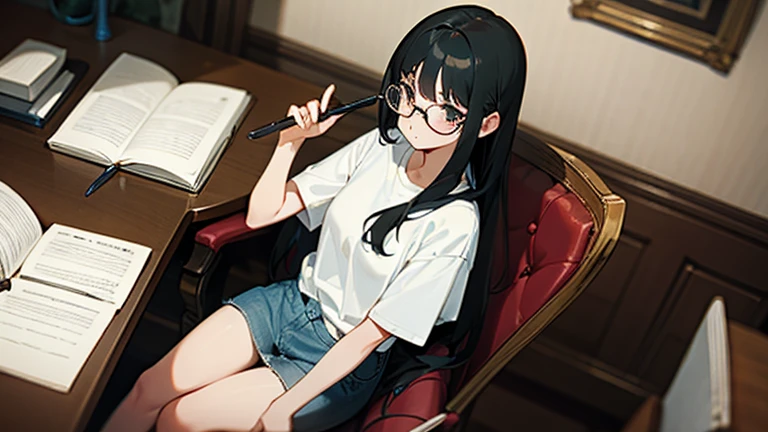 He is writing a mystery novel with a fountain pen, facing the manuscript paper on the desk.、Sitting in a chair、She has long black hair and wears glasses、She's wearing a white t-shirt and a denim mini-skirt