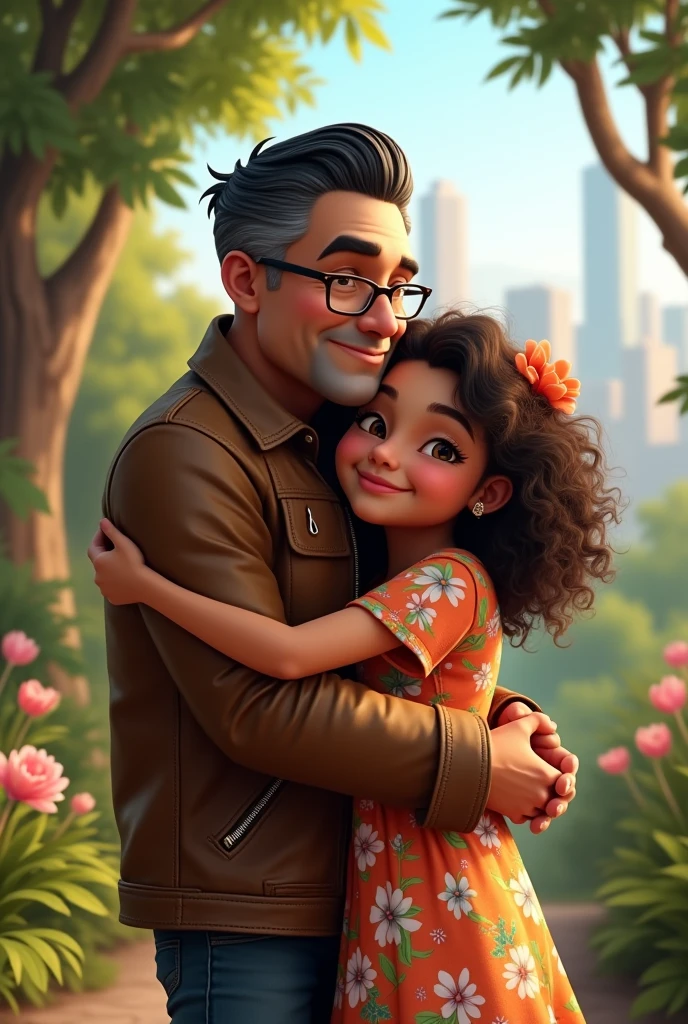 a white man with black hair, wearing reading glasses and a leather jacket, hugging a chubby Latina girl with curly brown hair and wearing a flower dress, surrounded by tress, flowers and a city background