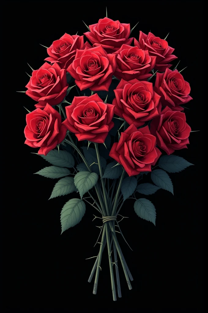 Make a black bouquet of red roses in anime drawing style as a sticker