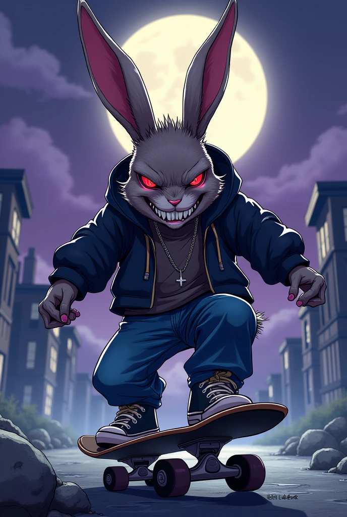 Human Rabbit, wearing skater clothes in a gangster style, skateboarding, with an evil smile and a scar on his eye, a night with lighting tones pulled towards purple and a touch of blue, moonlight style art: アニメ