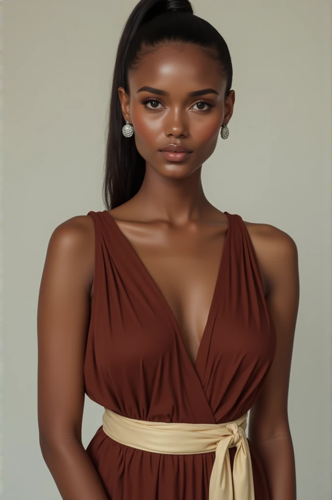Elegant woman with skin-toned lips, hair in a ponytail looking forward, full body with a coffee-brown skin tone fading to white, wearing a brown mahogany dress, Chinese nationality, black eyes with shiny gray earrings, and a cream-colored belt on her hip, skin-toned fingernails.