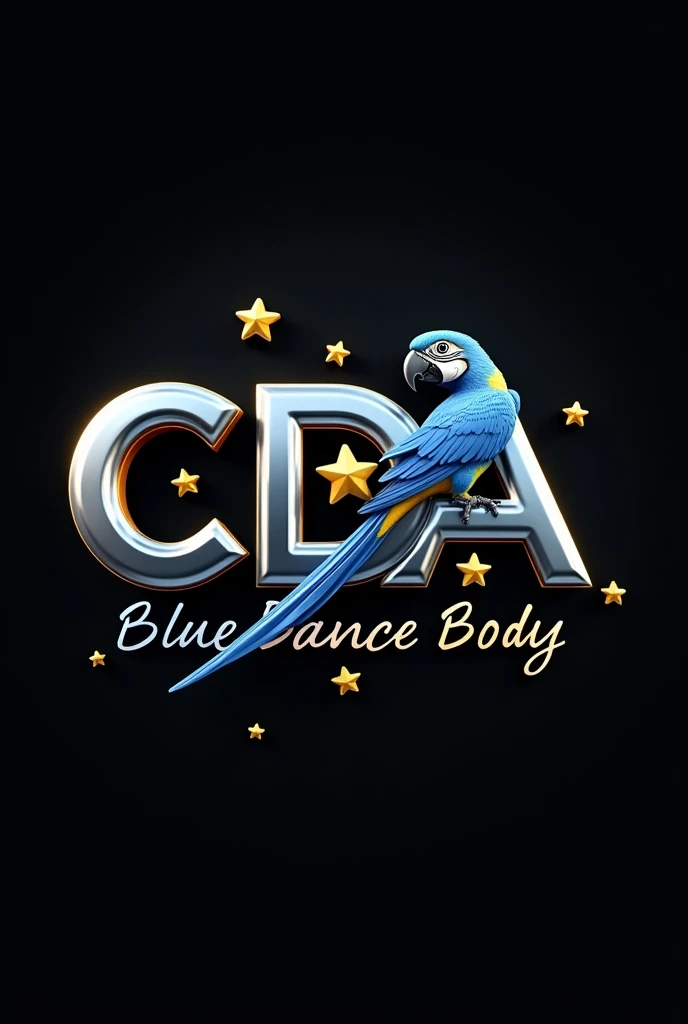 Create a 3D logo with the letters CDA in silver gray., 4 golden stars, black background. a 3D yellow-breasted blue macaw and the phrase 'Blue Dance Body'.