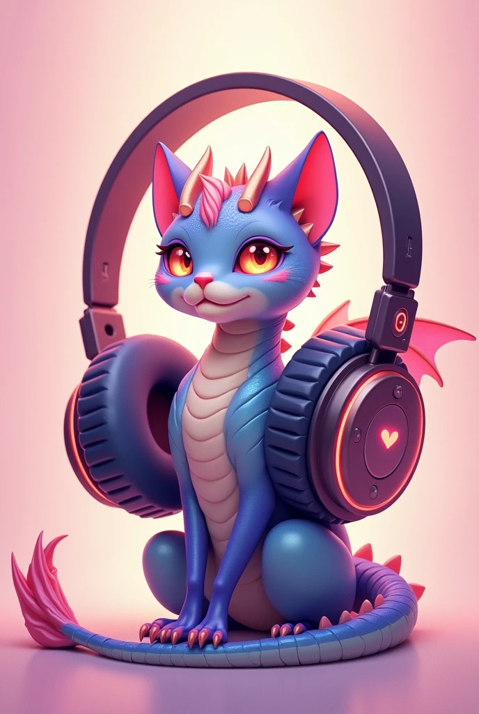 light pink background a headset with a dragon cat in center