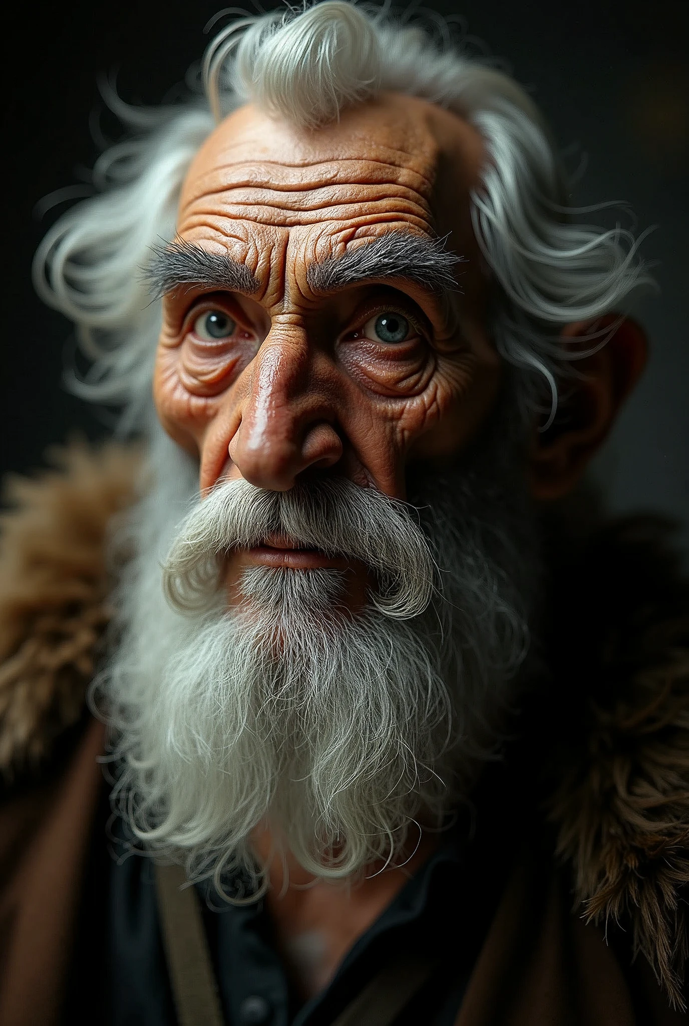 a wizened old man with a face between a squirrel and an eagle, with hairy arms, detailed face, realistic, photorealistic, photo-realistic:1.37, best quality,4k,8k,highres,masterpiece:1.2,ultra-detailed,extremely detailed eyes and face,longeyelashes,portrait,dramatic lighting,moody,dramatic shadows,warm color tones,cinematic