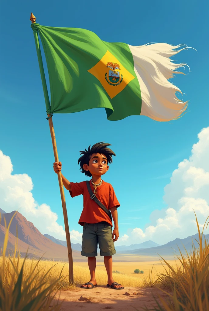 A Chaqueño boy holding a flag with five stripes, alternating green and white, waving in the wind.