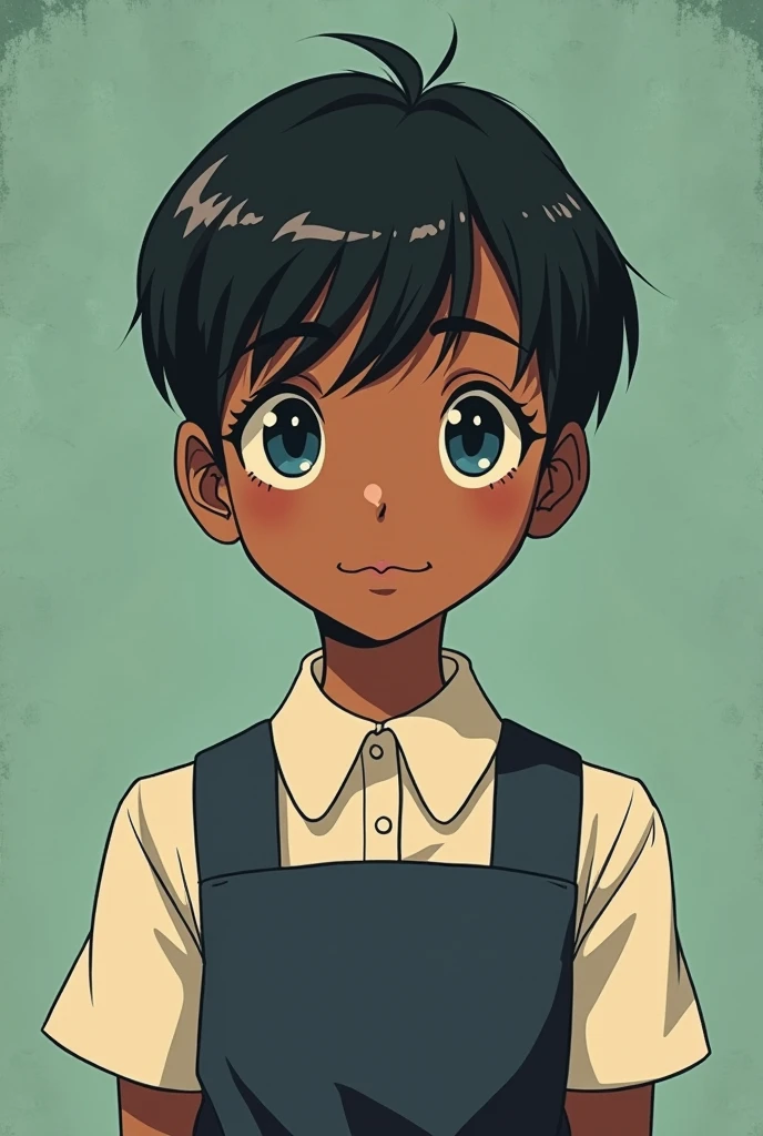 Retro anime girl with black skin
Short pixie cut hair above her ears , thin with blue eyes and short stature Catholic school