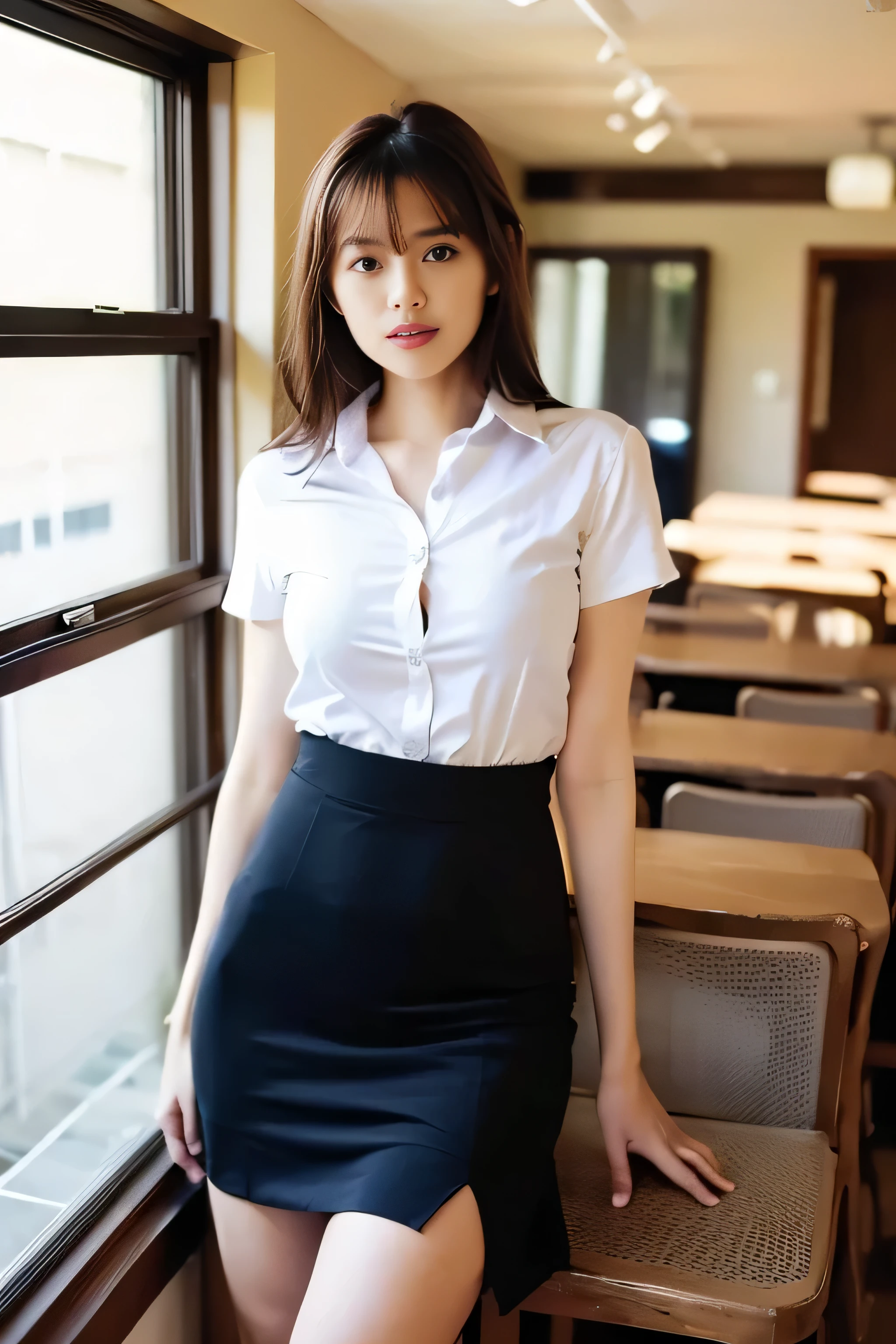 Close up,1 girl{{A beautiful woman wearing a white short-sleeved shirt and a short black A-line skirt}} , standing, sexy pose.  with several lecture tables set up behind it  There is a sliding glass window.  There was evening light streaming into the room.