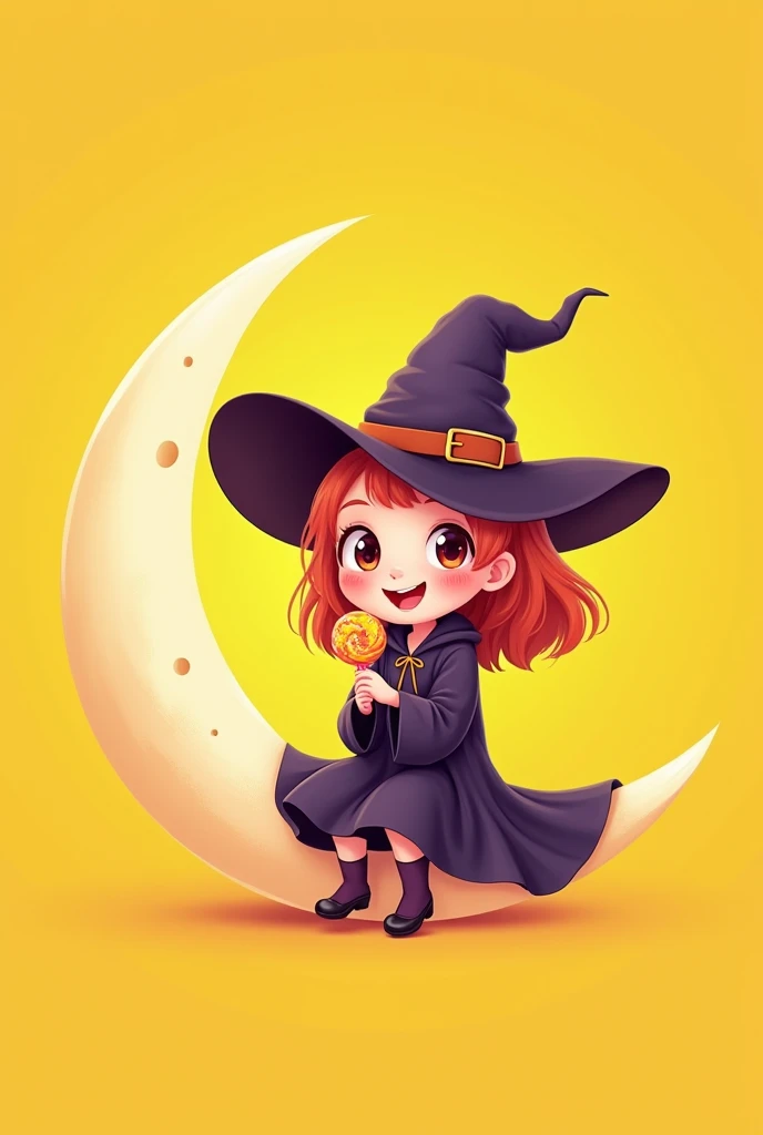 Cute teenage witch sitting on the moon cartoon yellow background eating candy