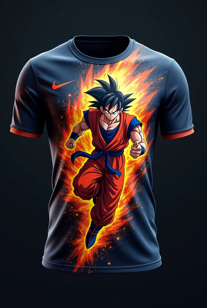 Printed soccer jersey featuring the Japanese anime character Goku unleashing a Kamehameha, on the left side the nike symbol, very dark shirt background hanging on a hanger with galaxies detail
