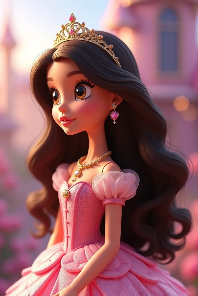 Animated doll Disney with dark brown wavy hair, face, dress and accessories in pink and other colors, princess profile view