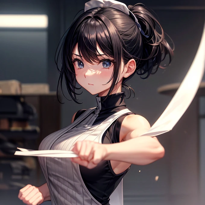 Wearing a vest over a black, form-fitting, high-cut bodysuit、Woman doing karate