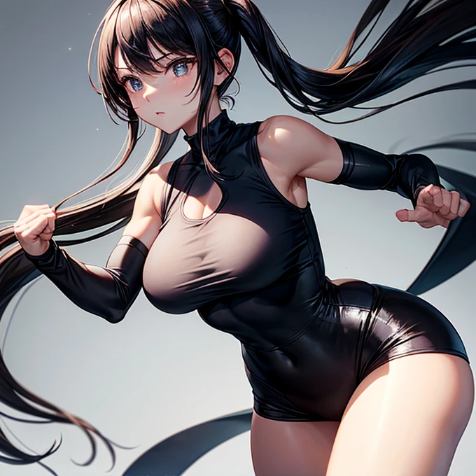 Wearing a vest over a black, form-fitting, high-cut bodysuit、Woman doing karate
