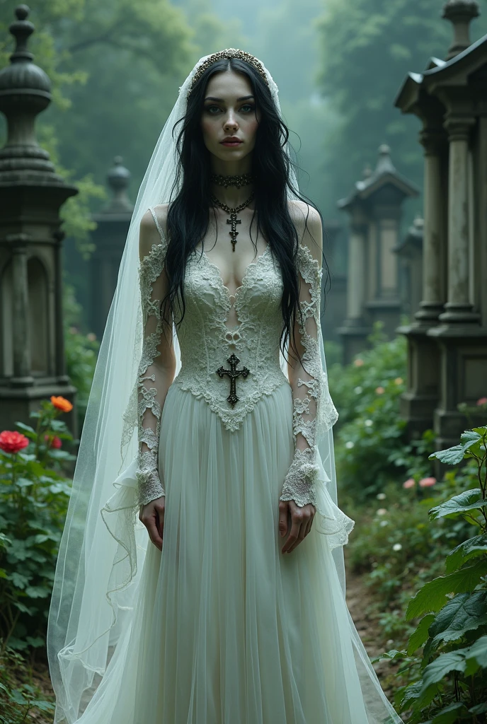 Imagine a pale-skinned vampire with black hair in a white wedding dress with elven sleeves, accessories in Victorian-style crucifixes, a veil like the cape of death, well detailed in a cemetery with many plants in excellent lighting.