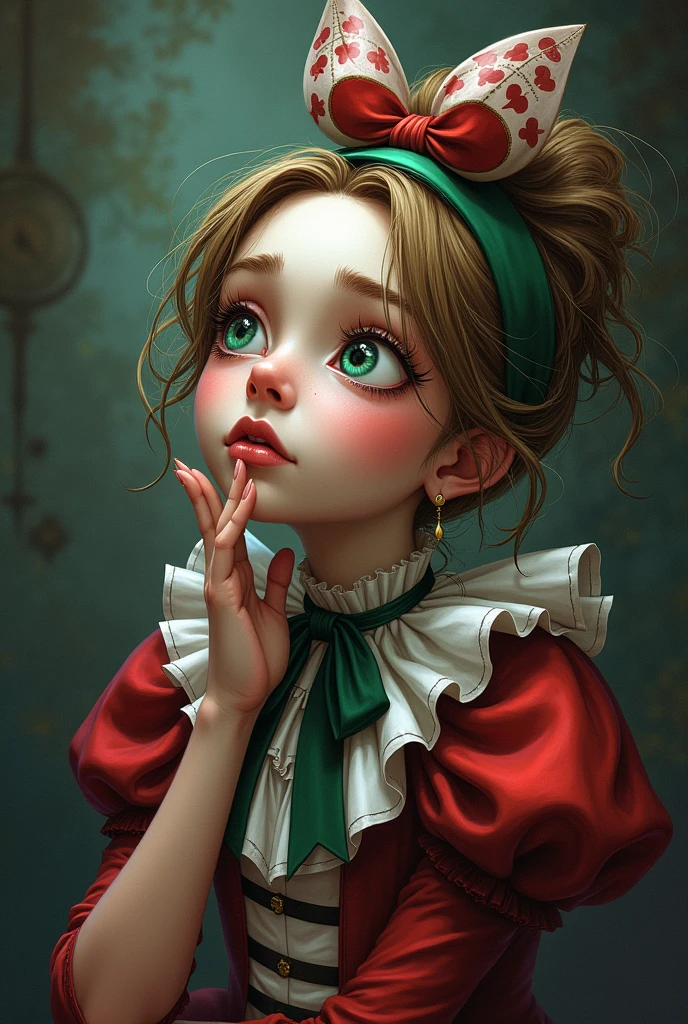 Draw a full-body portrait of the Queen of Hearts in Alice in Wonderland to capture a moment of deep contemplation. Her expression should be a mixture of curiosity and a hint of unease, as if she is deeply questioning reality and her place in it. Her large eyes should be wide open, reflecting the surreal world around her. Smiling Cheshire|cat, clock, Queen of Hearts, caterpillar, white rabbit, playing cards, within the kingdom of Wonderland, etc. Lighting should be soft yet dramatic, casting gentle shadows that emphasise the depth of her thoughts. Her hair is slightly dishevelled, as if she has been on a long journey, and the iconic green headband is slightly slanted, adding to her pensive feel. The colour palette is a mix of soft pastels and dark, introspective tones, creating a balance between innocence and the complexity of her thoughts.