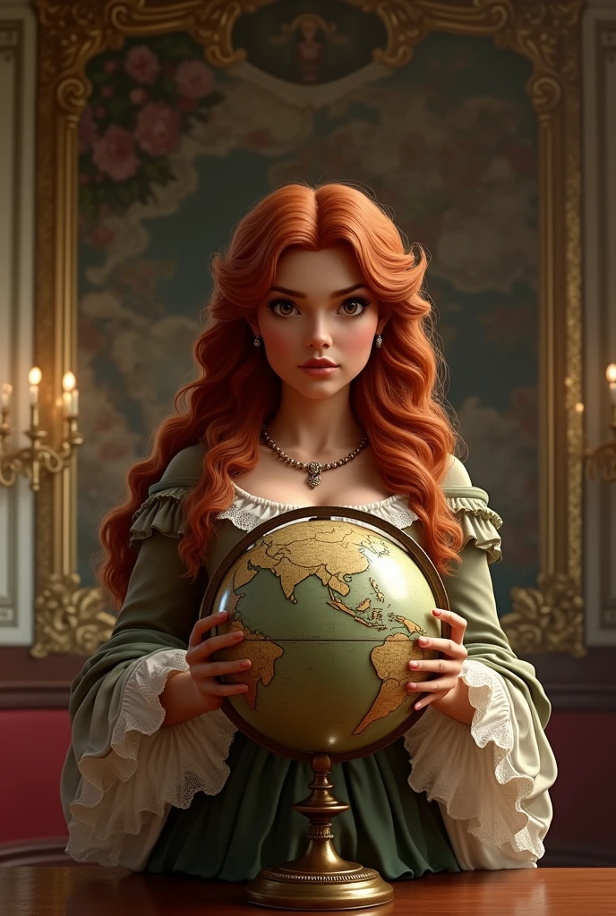 A short, slightly chubby Brazilian woman with long, curly reddish-brown hair, wearing a regency-era dress, holding a globe in her hand.