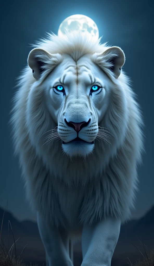 Create an Albino Lion, Realistic 8k strong and beautiful with blue eyes at night under the moonlight, focusing on the lion's face