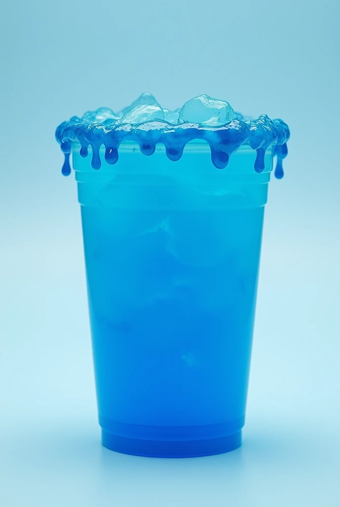 A clear plastic cup with blue chamoy on the edges and blue liquid inside.
Make the chamoy more abundant.
